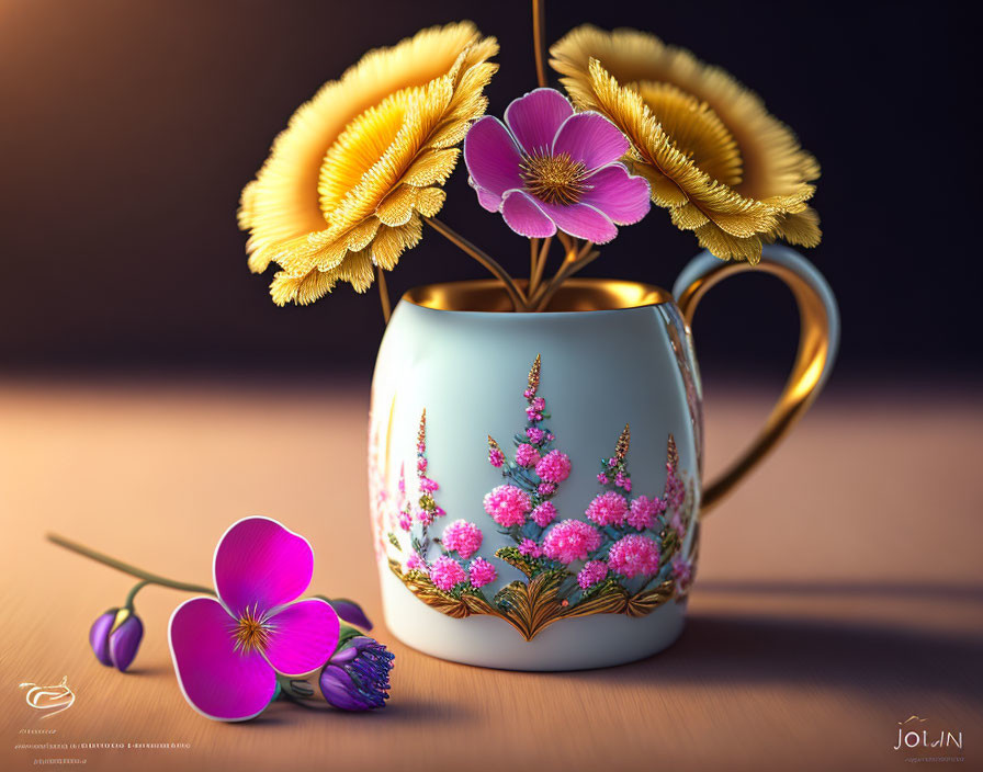 Gold-handled ceramic mug with floral motif and vibrant golden textured flowers, featuring a purple blossom.