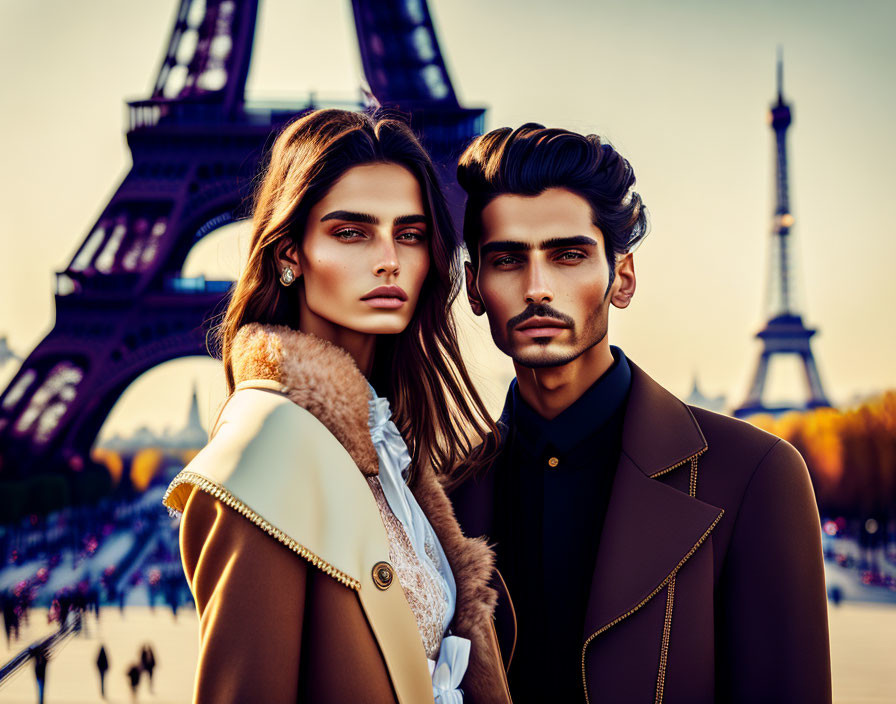 Fashion models in elegant attire at Eiffel Tower during golden hour