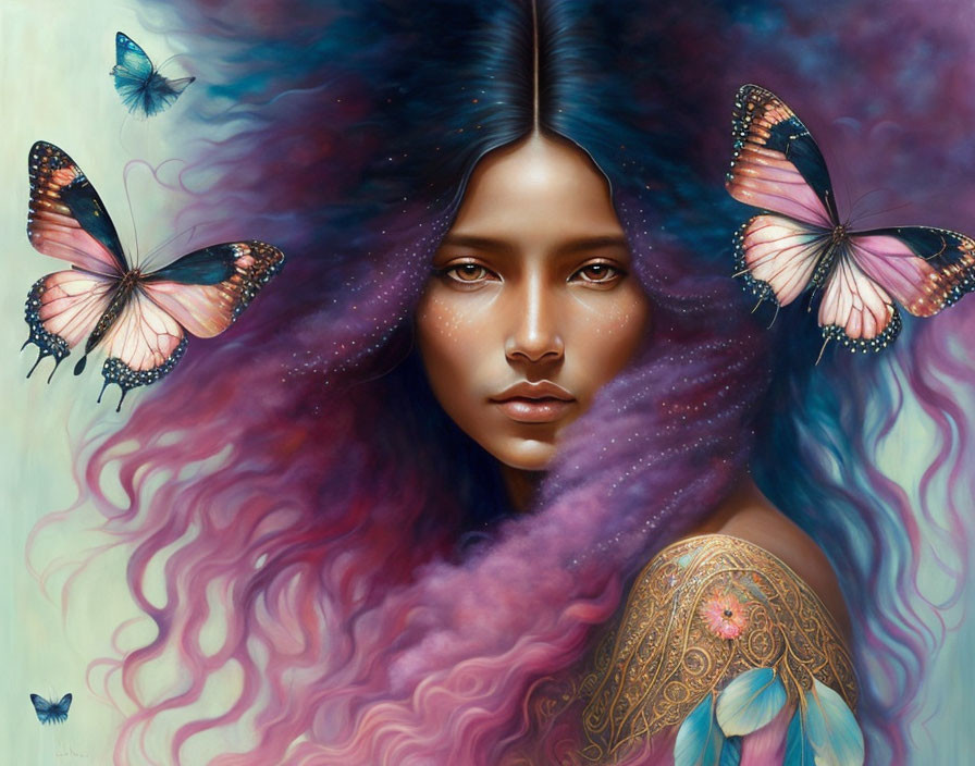 Colorful flowing hair merges with cosmic backdrop in mystical portrait.