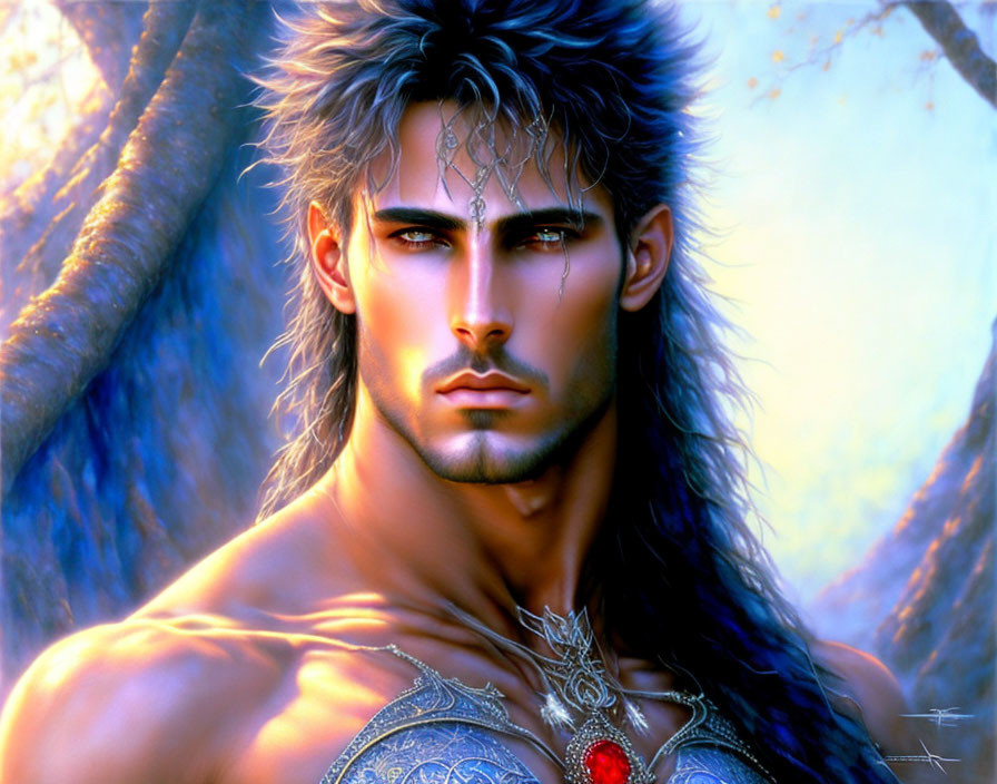 Muscular man with silver hair in fantasy armor with red gem pendant