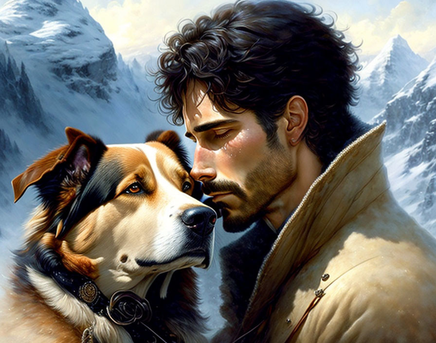 Man with stubble and soulful dog against snowy mountains