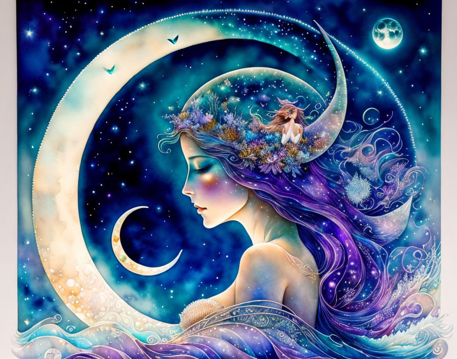 Fantasy woman merged with crescent moon in starry sky.