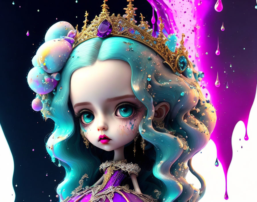 Digital illustration of doll-like character with turquoise hair, gold crown, purple dress, and vibrant pink dri