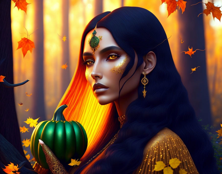 Woman with black hair holding green pumpkin in autumn forest.