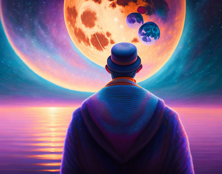 Person in Hat Contemplating Surreal Sky with Moons over Water