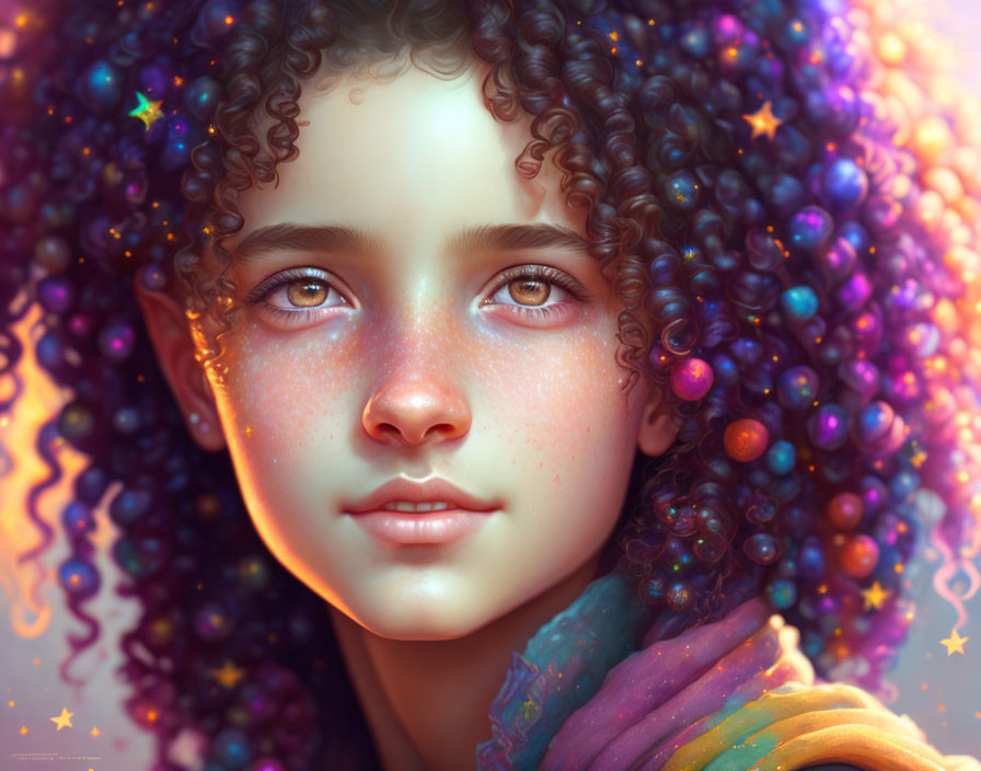 Vibrant cosmic colors on a digital portrait of a young person with curly hair