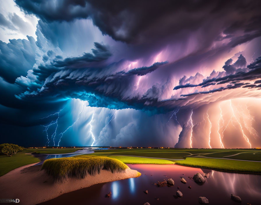 Thunderstorm with lightning strikes over serene landscape and purple clouds reflected in water.