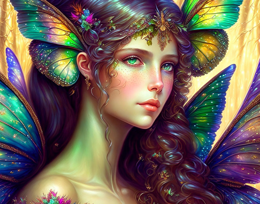 Illustrated female figure with rainbow butterfly wings and floral headpiece