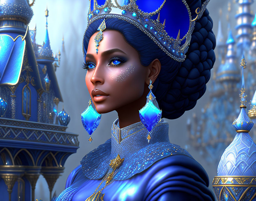 Regal figure in blue and gold outfit with intricate jewelry