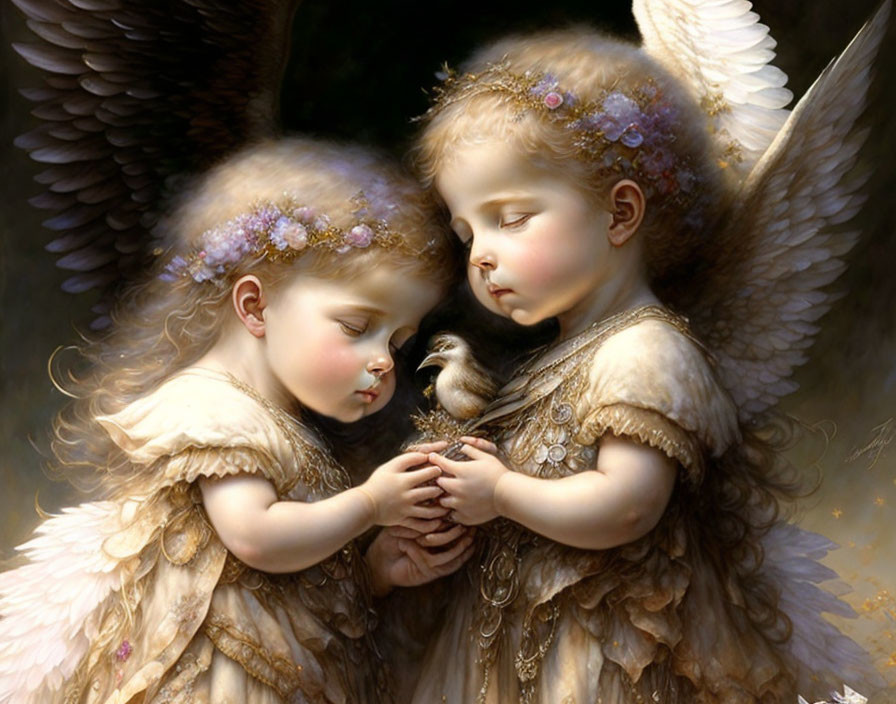 Angel children with wings embracing bird in ethereal glow