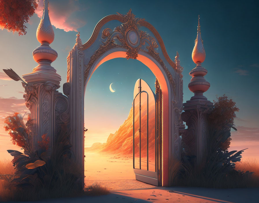 Ornate Open Doorway Reveals Desert Landscape at Twilight