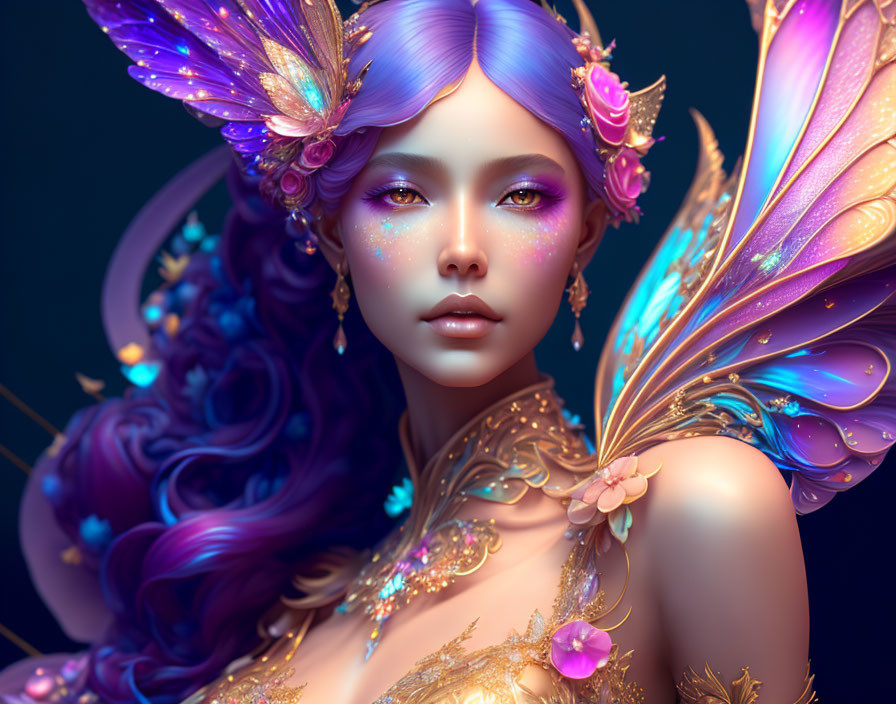 Fantastical portrait: Female character with purple hair, butterfly wings, intricate gold jewelry.