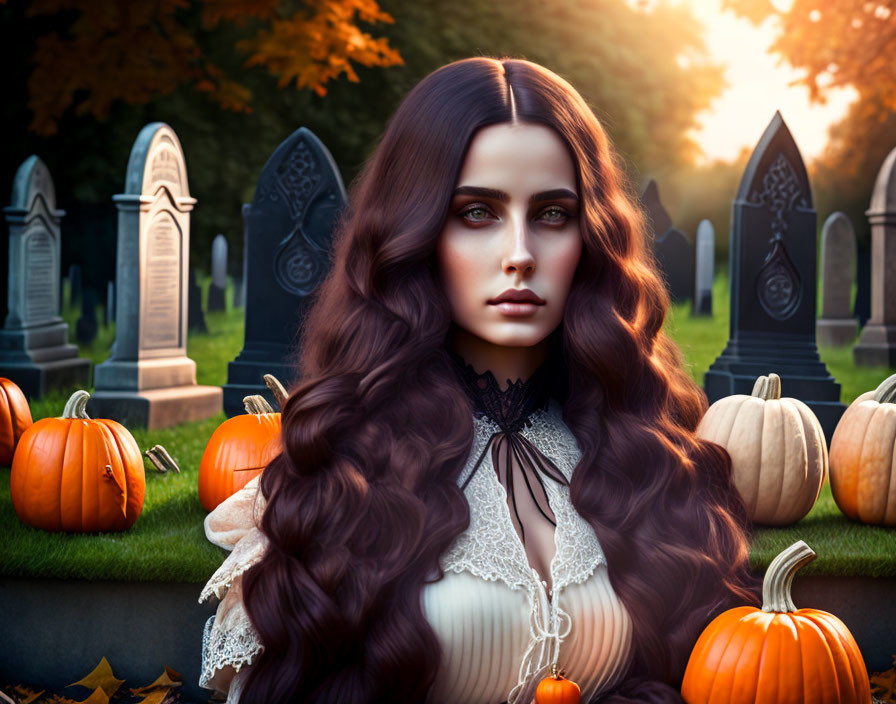 Victorian woman with intense eyes in autumn setting.