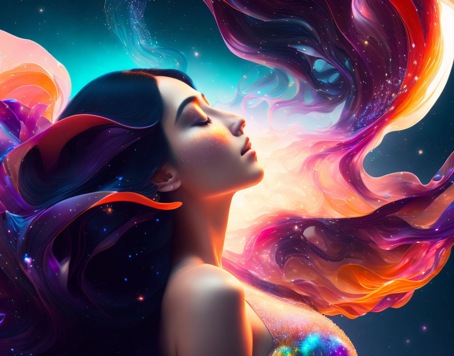 Serene woman with flowing hair in cosmic background