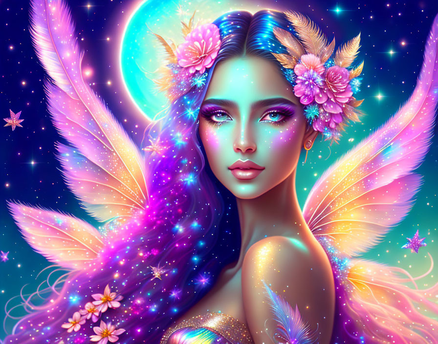 Vibrant mystical being with celestial wings and floral hair in digital art