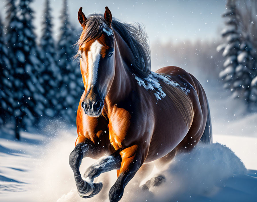 Majestic brown horse galloping in snowy landscape