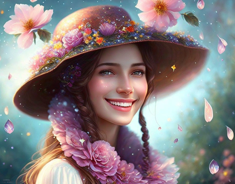 Smiling woman in floral hat with petals and butterflies