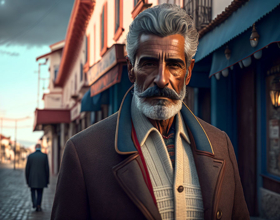 Elderly man with white beard and coat in quaint street at dusk