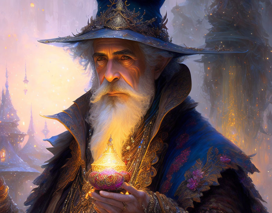 Elderly wizard in blue robes with glowing orb in mystical forest