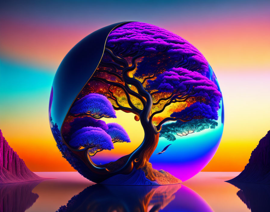 Colorful tree in spherical shape against sunset with cliffs