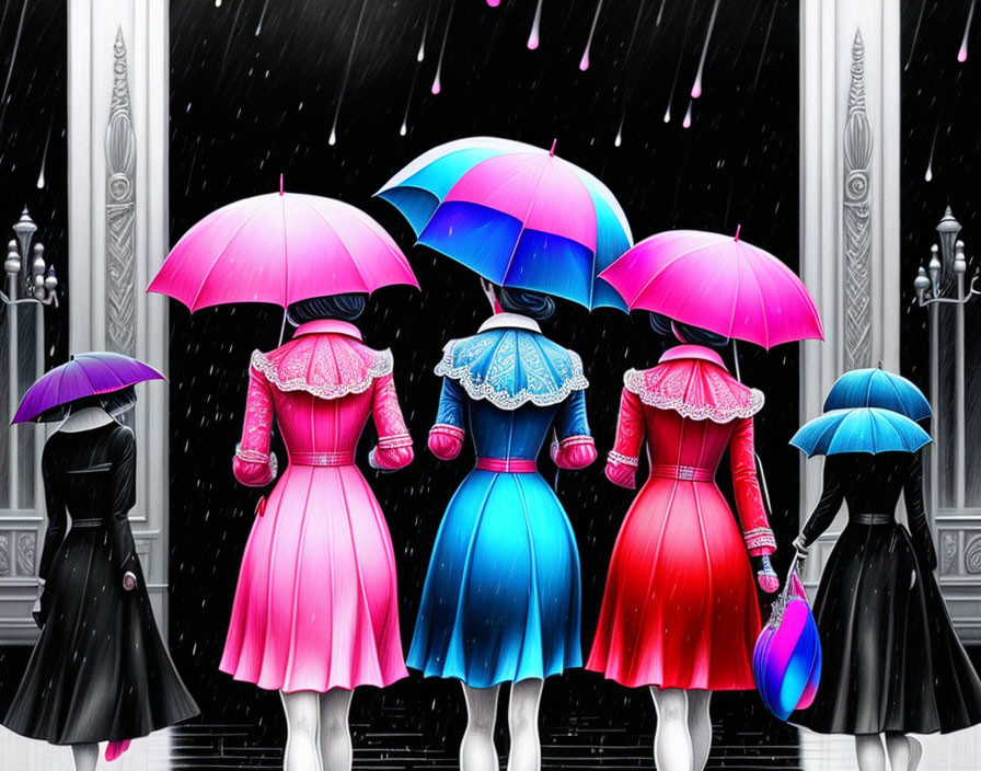 Four women in colorful dresses and hats with umbrellas standing in the rain.