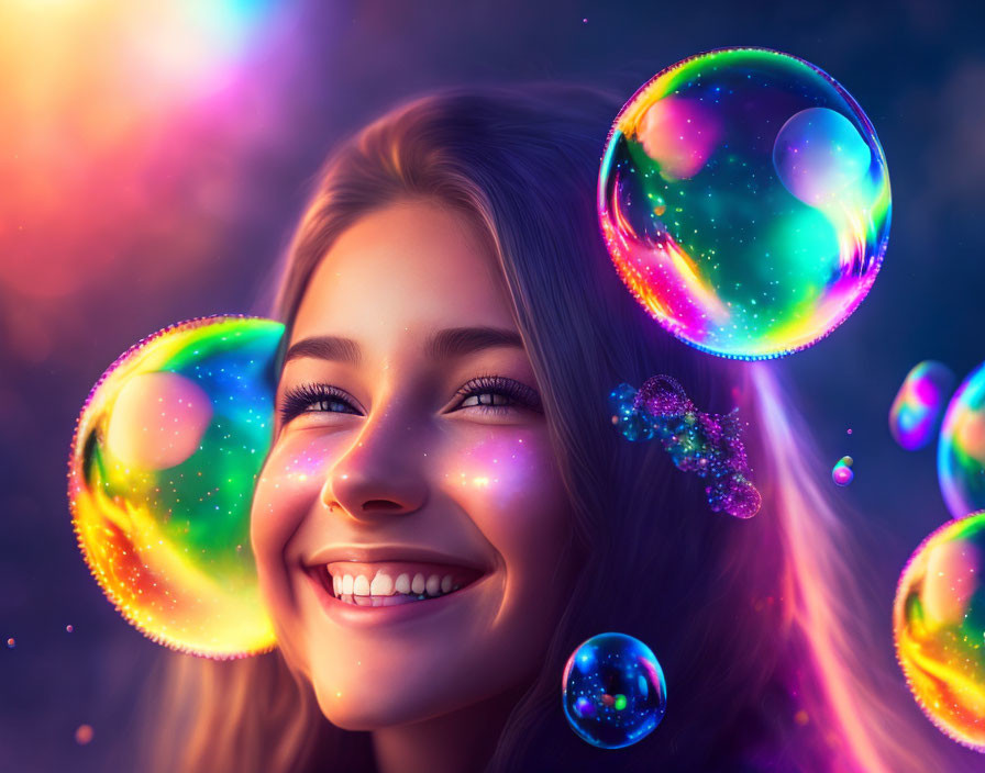 Radiant smiling woman in iridescent bubble-filled scene