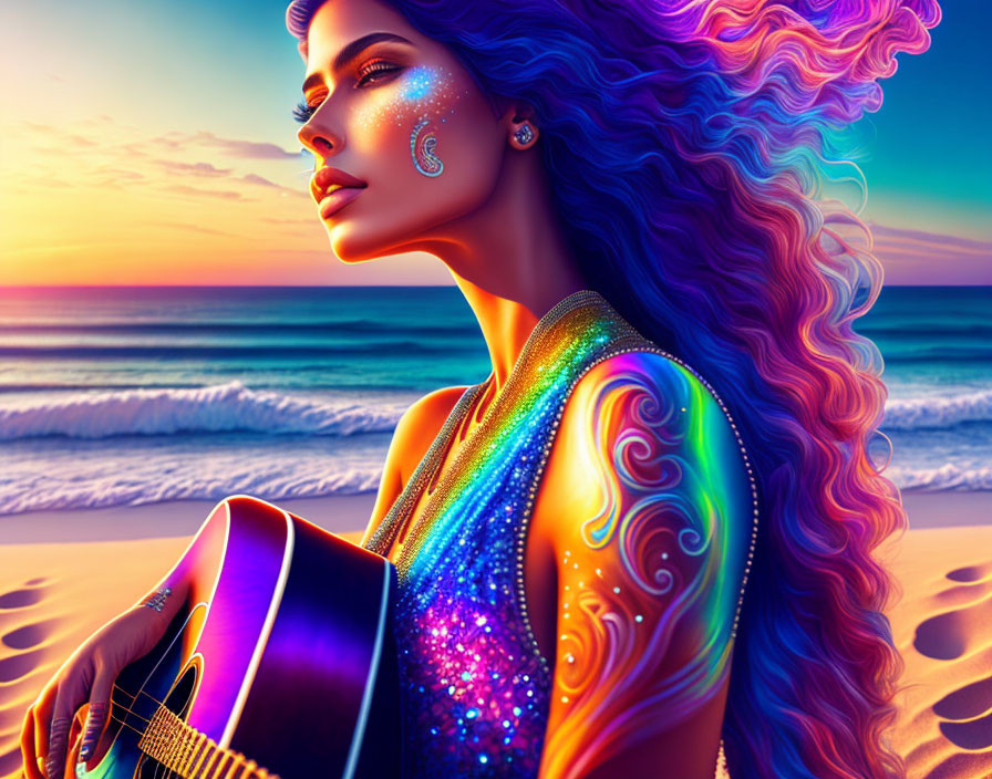 Colorful Woman with Guitar on Beach at Sunset Illustration