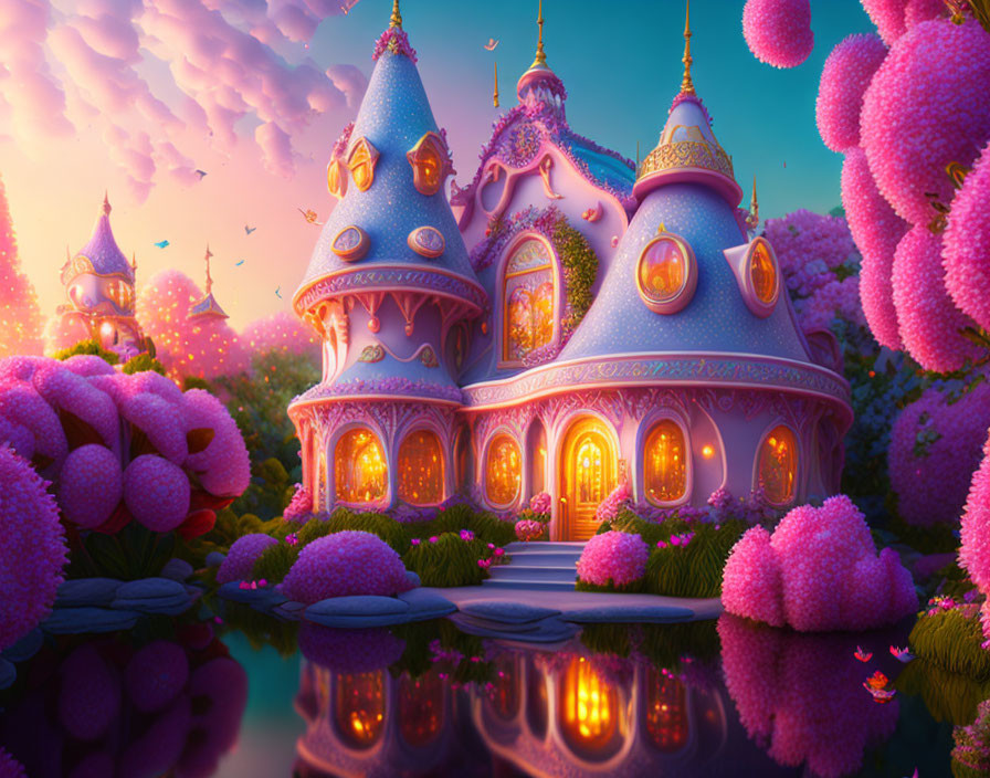 Colorful Castle Surrounded by Pink Vegetation and Pond at Twilight