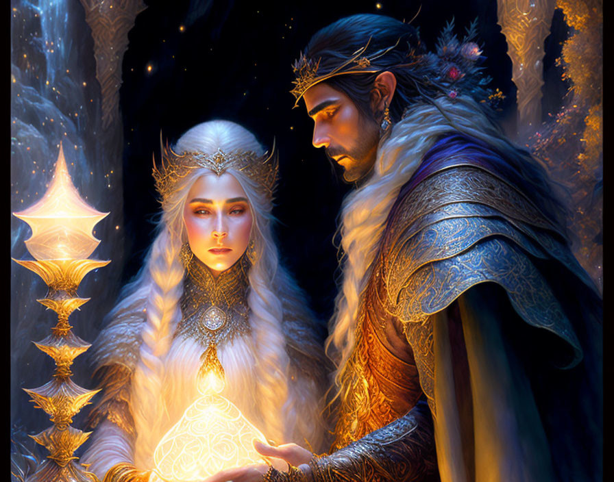 Elven king and queen with crowns in fantasy forest under magical glow