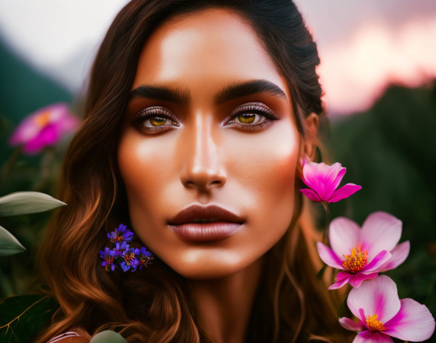 Woman with Striking Makeup Among Pink and Purple Flowers at Sunset