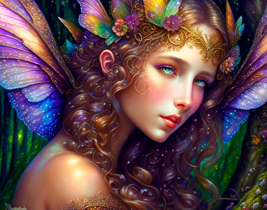 Colorful fairy with butterfly wings and floral hair in fantastical depiction.