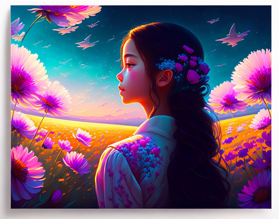 Woman in Flower Field at Sunset: Serene Expression, Floating Petals