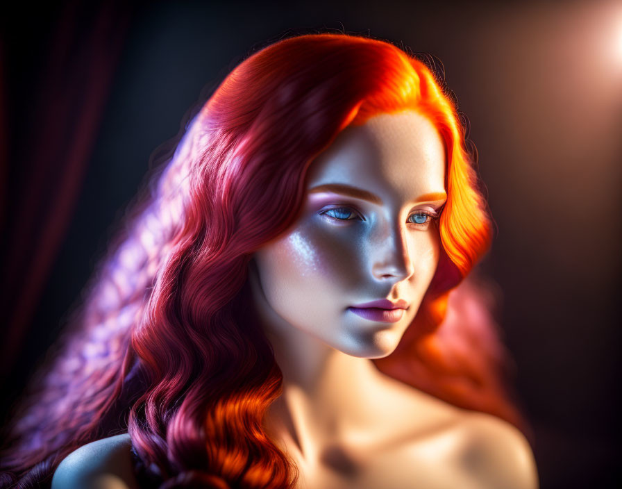 Vibrant red-haired woman with blue eyes and striking gaze in warm light