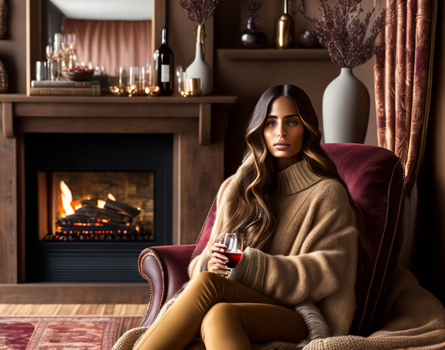 Woman lounging in armchair by fireplace with wine glass in cozy interior.