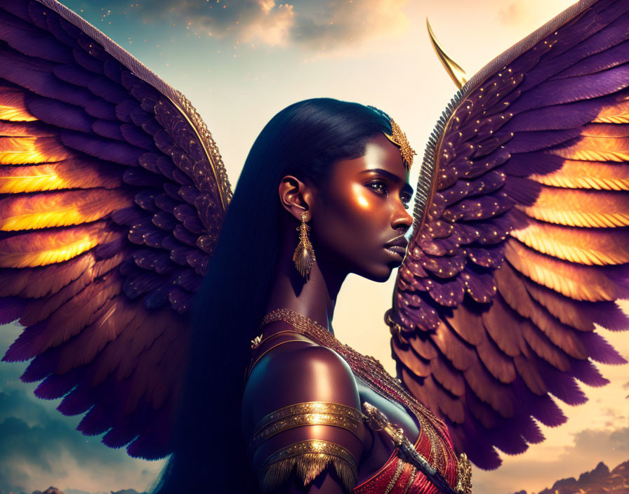 Digital Artwork: Woman in Golden Armor with Purple Wings in Dramatic Sky