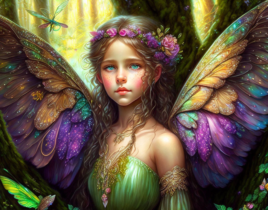 Illustration of fairy with large wings in mystical forest with floral crown and butterfly