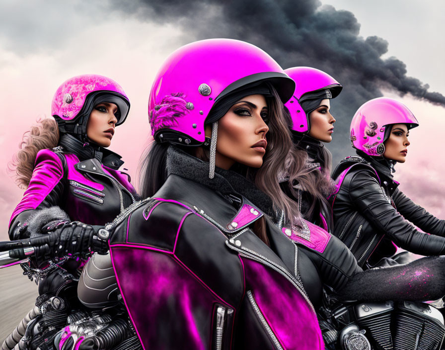 Four women in matching black and pink biker gear with helmets against a smoky sky.