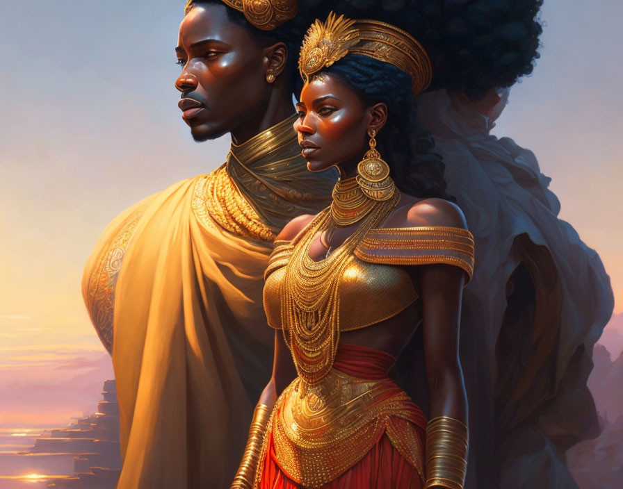 Regal man and woman in ornate golden attire against warm glowing sky