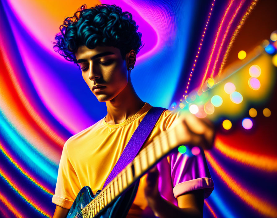 Blue-haired person playing electric guitar amid colorful swirls and lights.