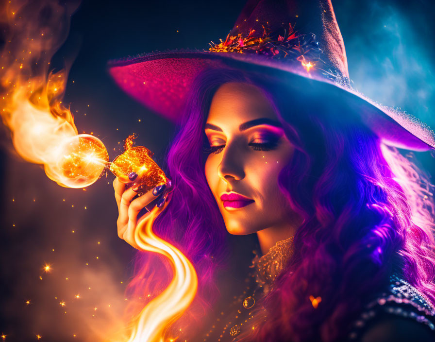 Mystical witch in purple attire casting magic fire with sparkling lights