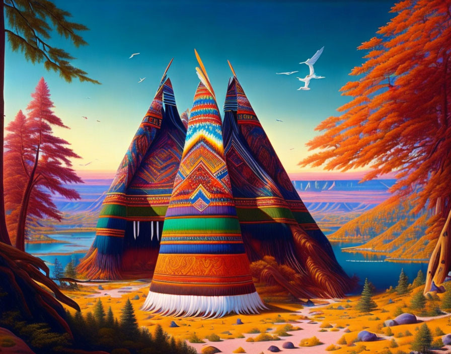 Vibrant Teepees in Autumnal Forest by Tranquil Lake