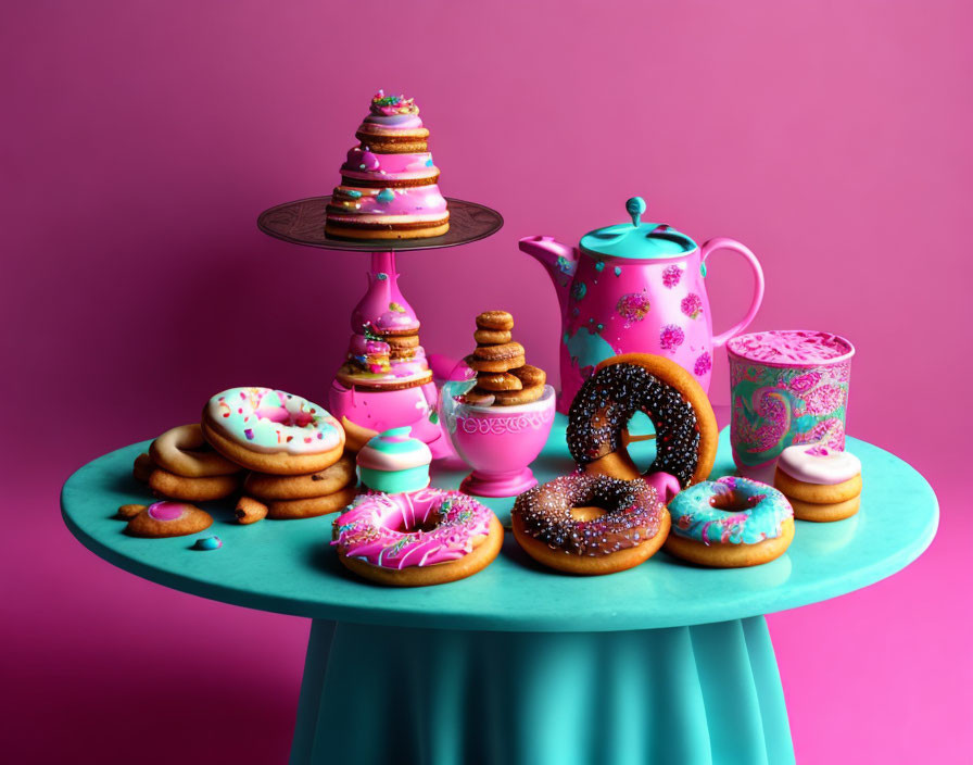 Colorful Tea Party Setup with Donuts, Teapot, Cups, and Cake Stand on Pink Background