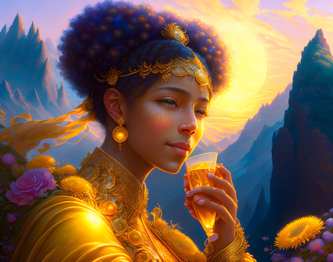 Golden jewelry adorned woman holding glass against surreal sunset and mountains