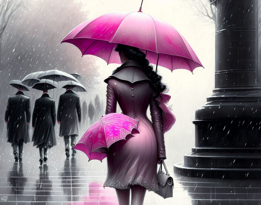 Woman in purple coat with pink umbrella in rain among silhouetted figures