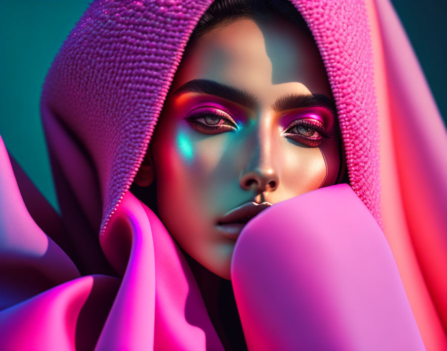 Close-up of person with bold makeup and pink hood, casting colorful shadows