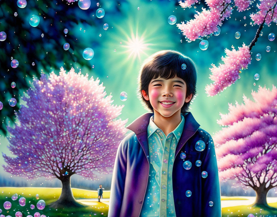 Child smiling under pink blossom trees with bubbles in sunny landscape