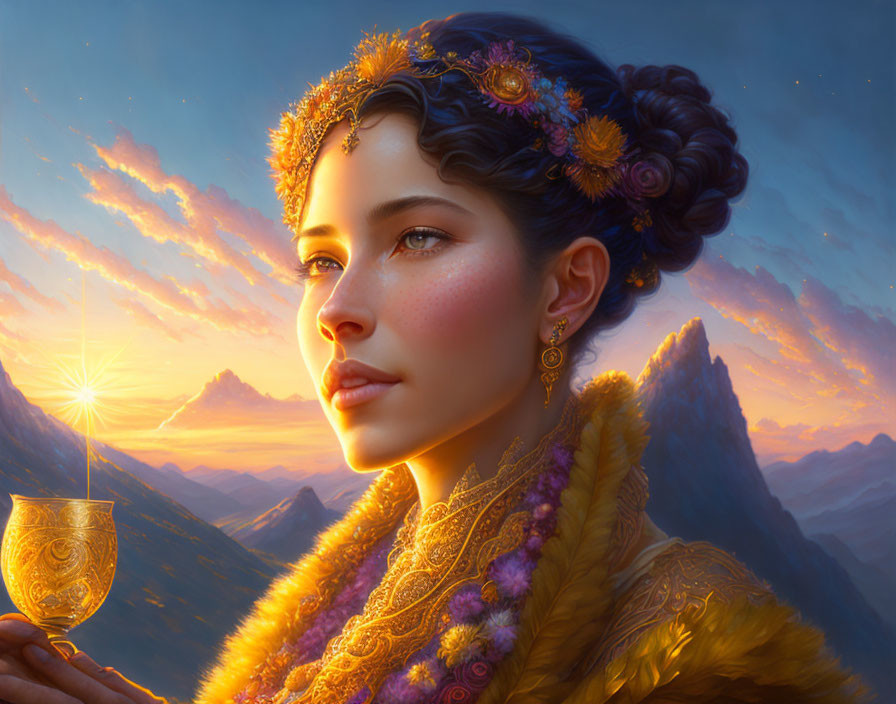 Regal woman with elaborate hairstyle and golden chalice in mountain sunset scene