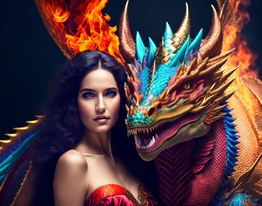 Dark-haired woman with blue eyes and fiery dragon in vivid fantasy scene