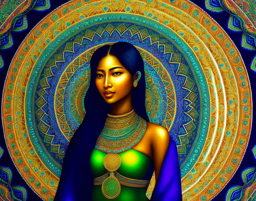 Vibrant digital artwork: Stylized woman with golden skin on blue and gold mandala