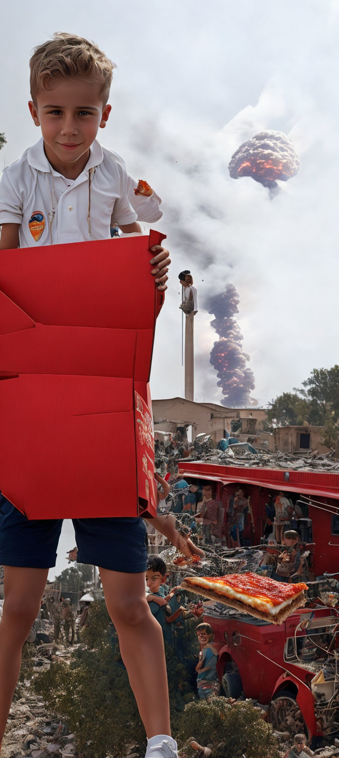 Young boy holding pizza boxes in chaotic scene.